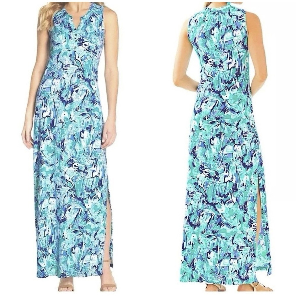 Lilly Pulitzer Sz XL Essie Maxi Dress Elephant Tropical Turquoise Vacation Beach